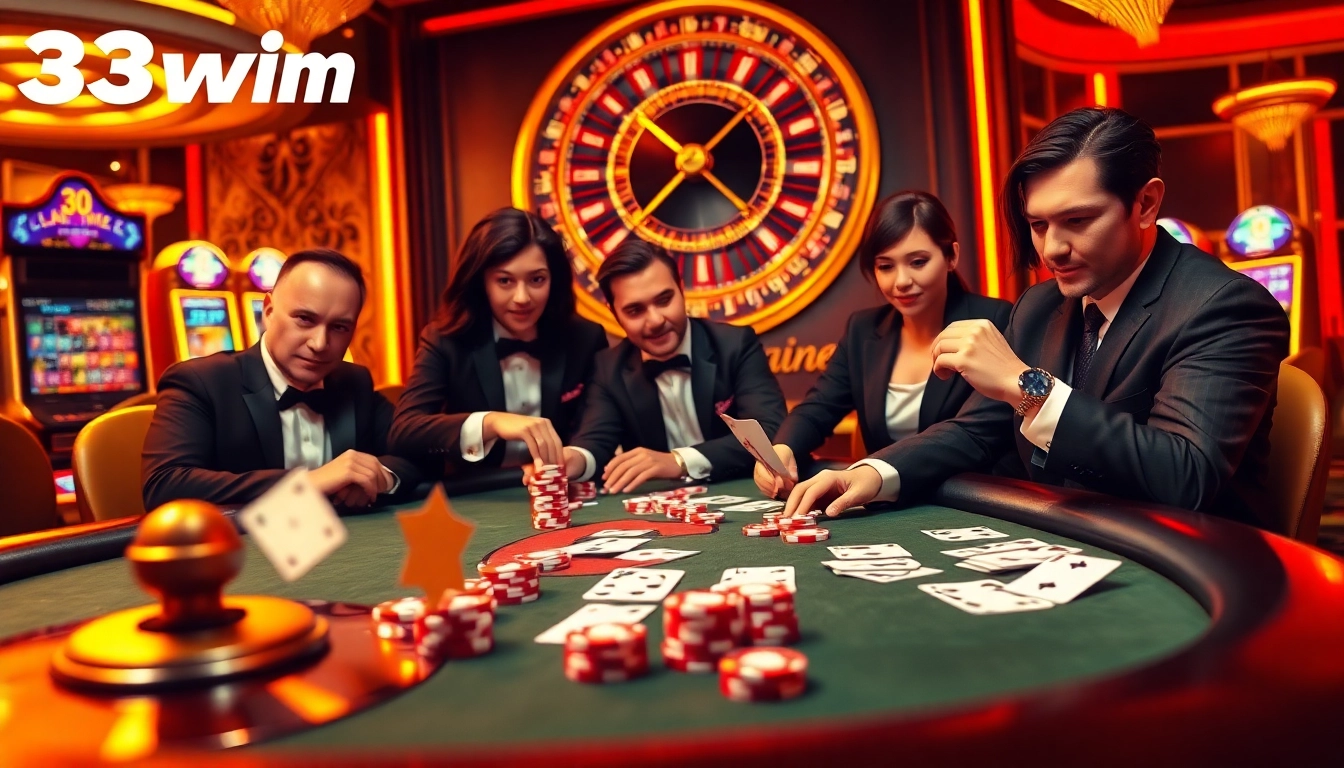 Exciting casino experience playing Game 33win with poker chips and roulette wheel.