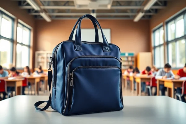 Präsentation einer Handytasche Klassenzimmer in einem lebhaften Klassenzimmer mit Studenten für ein optimales Lernumfeld.