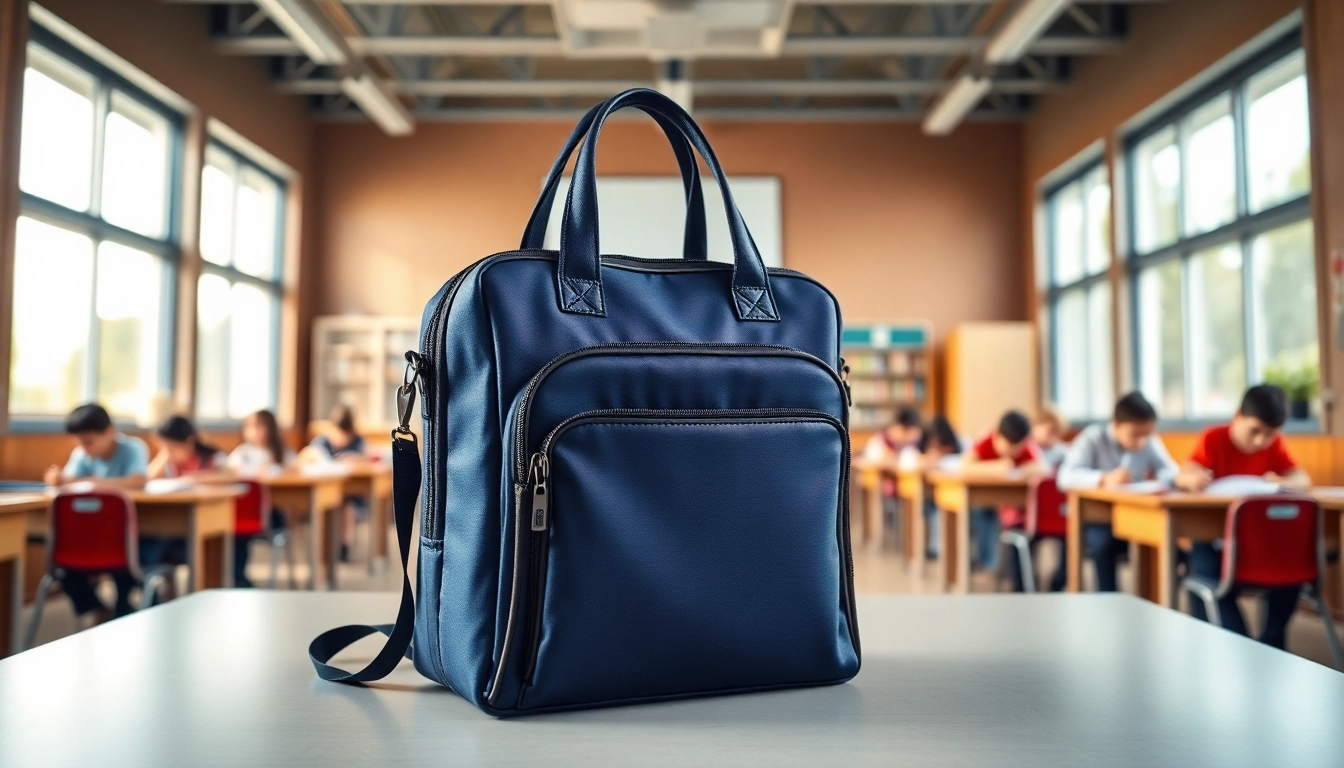 Präsentation einer Handytasche Klassenzimmer in einem lebhaften Klassenzimmer mit Studenten für ein optimales Lernumfeld.