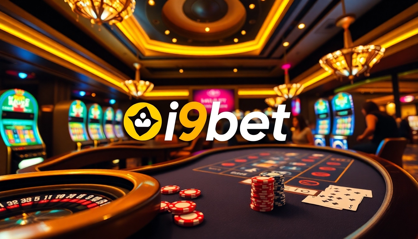 I9bet gaming scene with poker chips, cards, and roulette wheel in a vibrant casino.