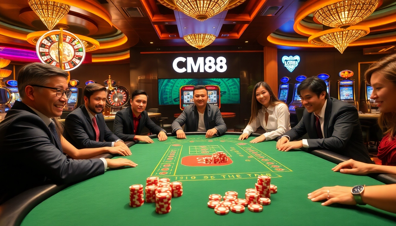 Gamblers experience excitement at a poker table in a luxurious CM88 casino setting.