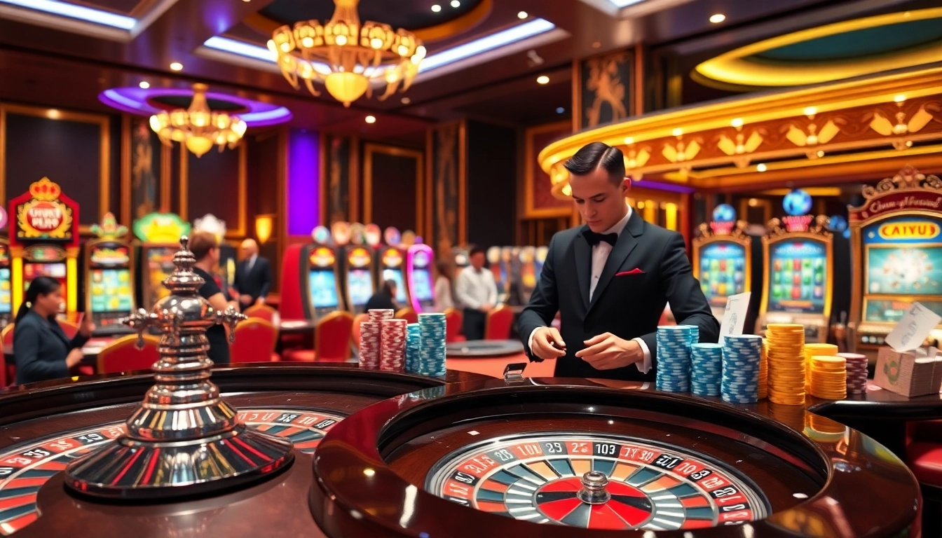 Gamblers celebrating a win at a luxurious casino with Xôi lạc-themed roulette and poker action.