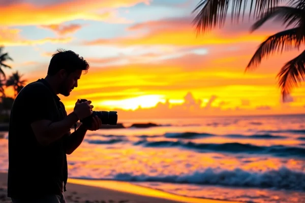 Capturing breathtaking moments as a destination photographer on a tropical beach at sunset.