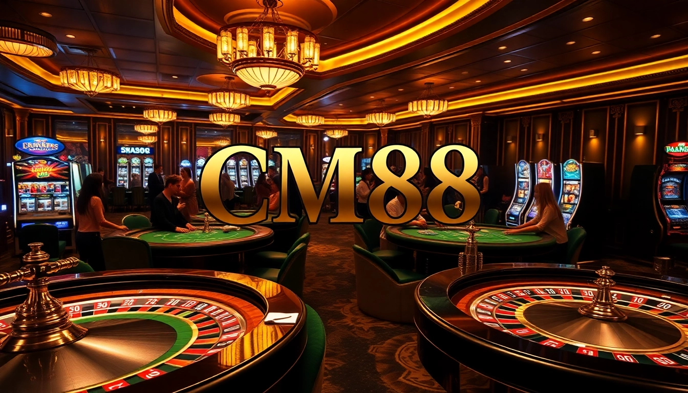 Gamblers enjoying the thrill of CM88 at a luxurious casino table with roulette wheel and poker chips.