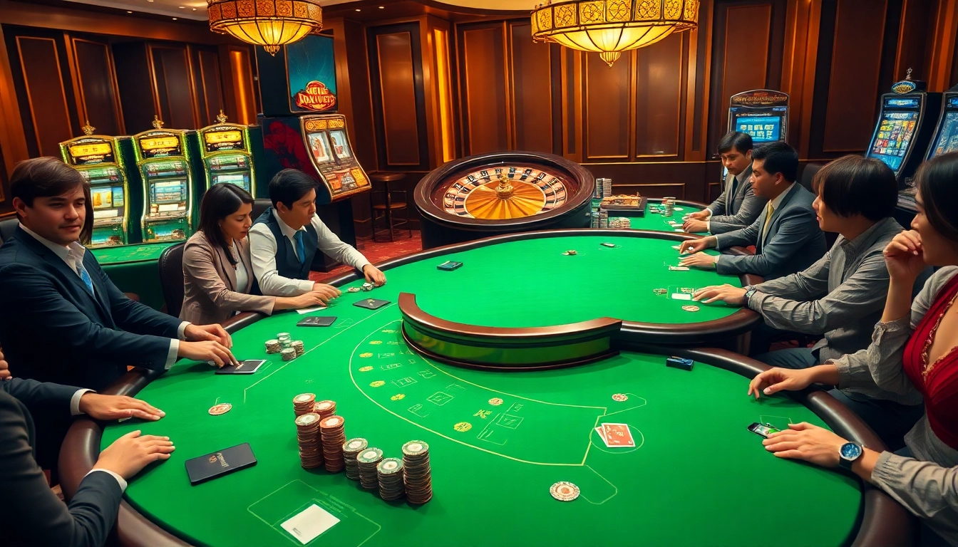 Players enjoying a thrilling game at 8kbet casino with poker chips and roulette wheel.