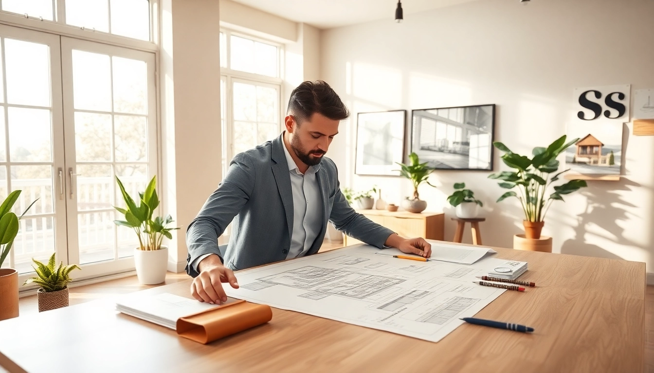 Start a residential architecture project with an architect brainstorming designs in a bright office.