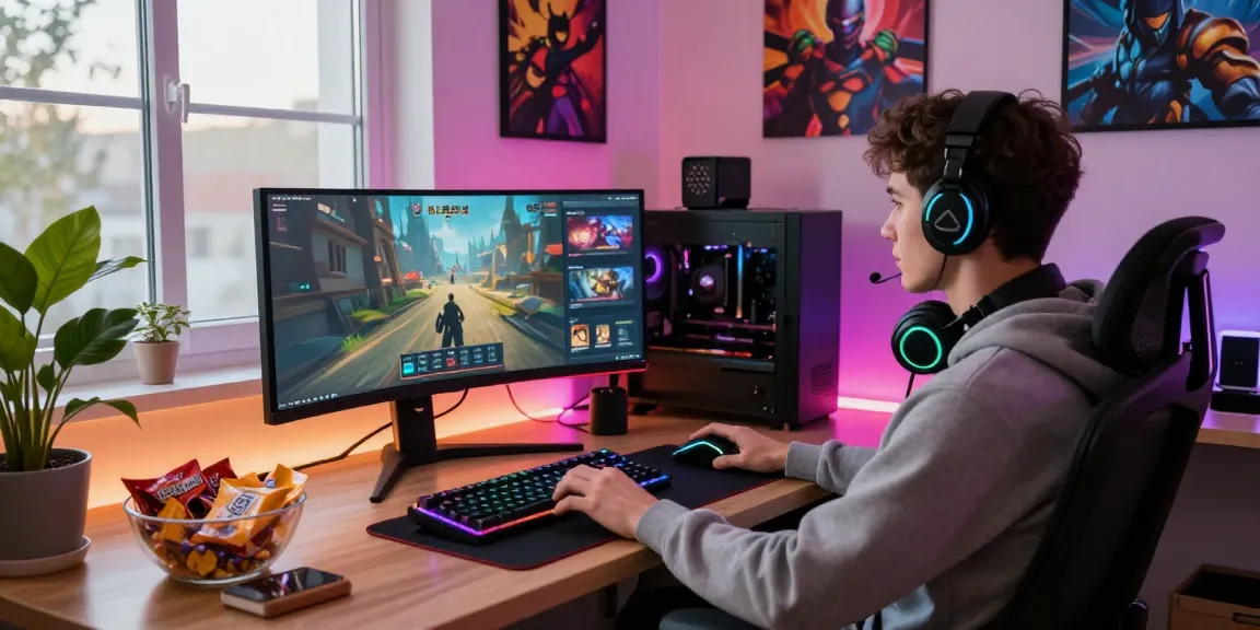 A young gamer at https://rokok88.org, showcasing a vibrant gaming setup with an immersive monitor, RGB keyboard, and cozy lighting.